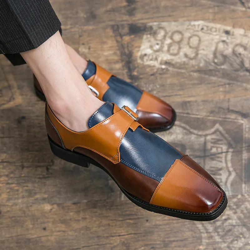 Men's brown blue retro buckle casual shoes with tall crown and microfiber upper.