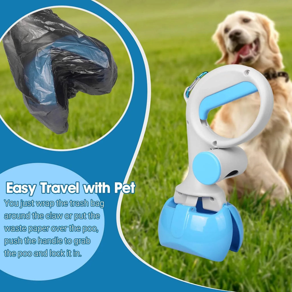 A black ABS plastic pet pooper scooper with a built-in trash bag holder and a carrying hook.