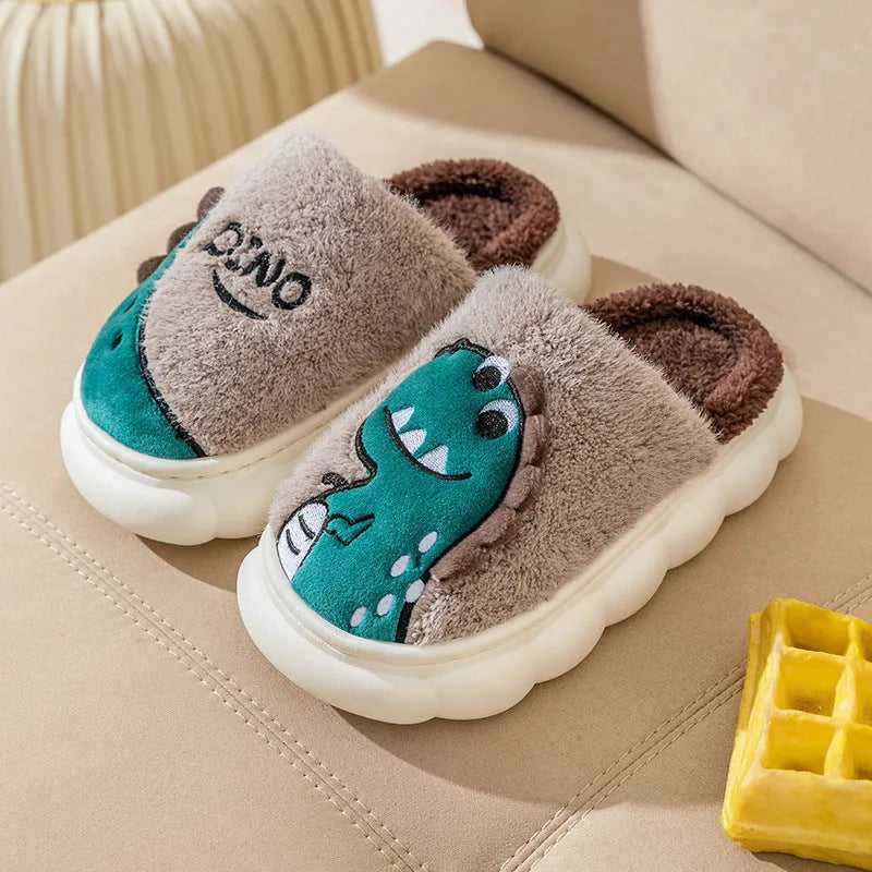 Cotton plush couple slippers with dinosaur print in grey, coffee or orange, sizes 36-45