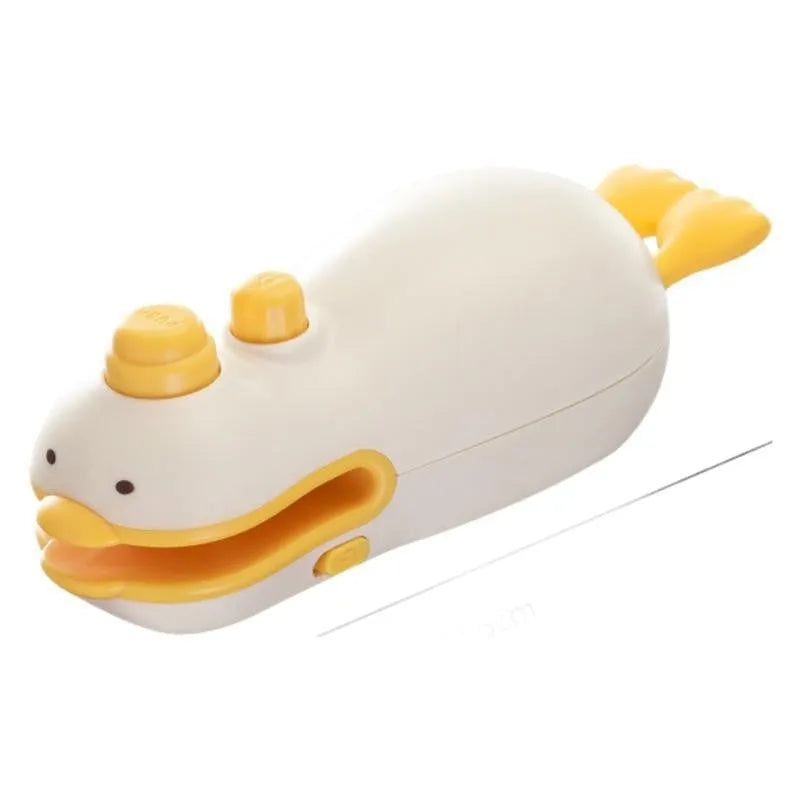 Small yellow duck animal jacquard style rechargeable sealing machine with charging cable.