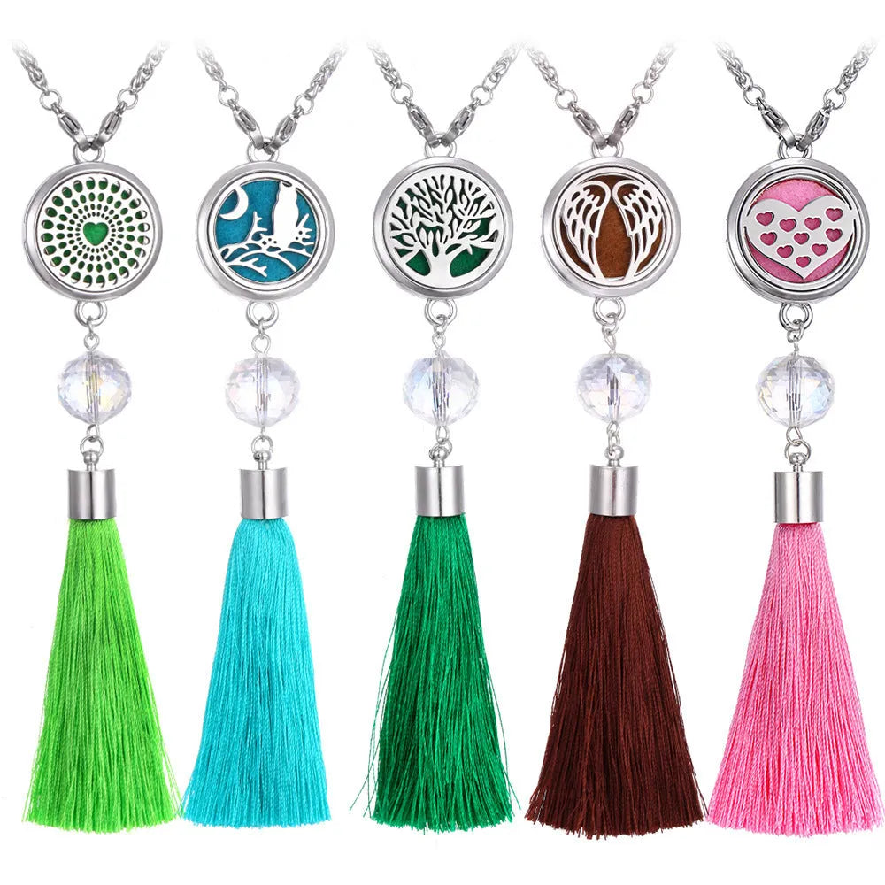 Alloy tassel aromatherapy car pendant with chain and essential oil diffuser compartment in multiple colour options
