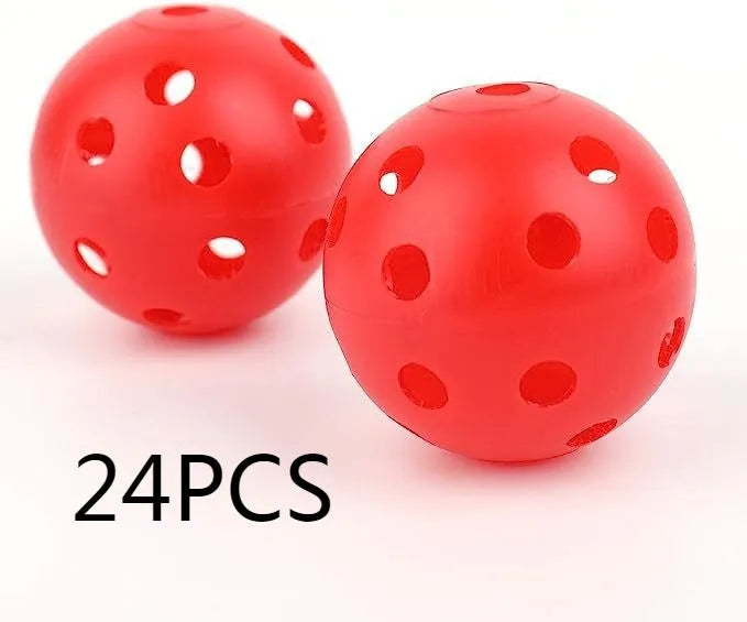 Multi-colour golf practice balls showing red, orange, blue, green, white and yellow variants with 26-hole design