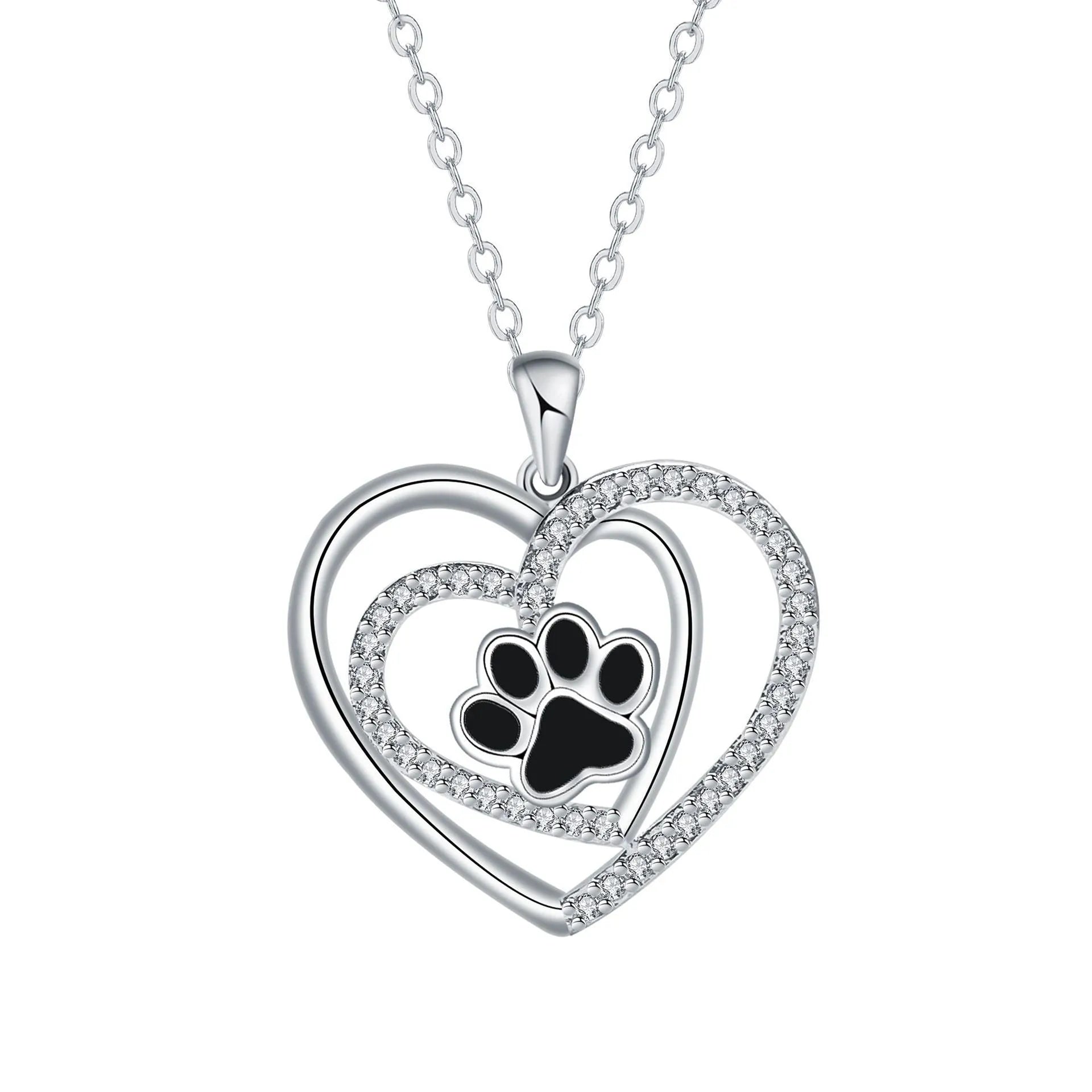 Women's dog paw print heart necklace on cross chain, electroplated copper construction