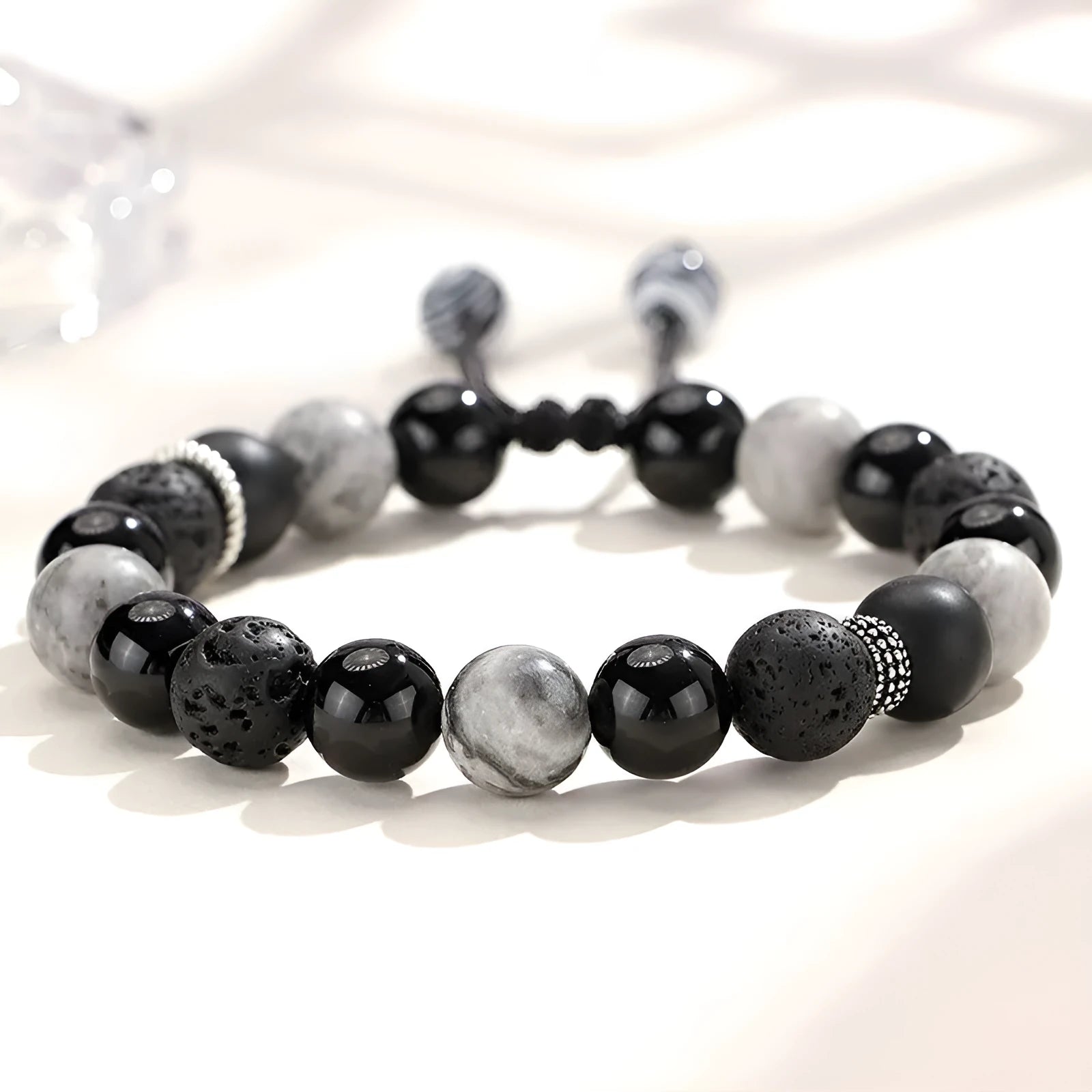 Black agate map stone and volcanic rock bracelet with diamond-shaped beads in new Chinese style