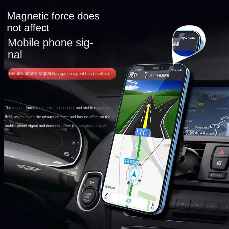 Black aluminium alloy magnetic car phone holder mounted on car air vent