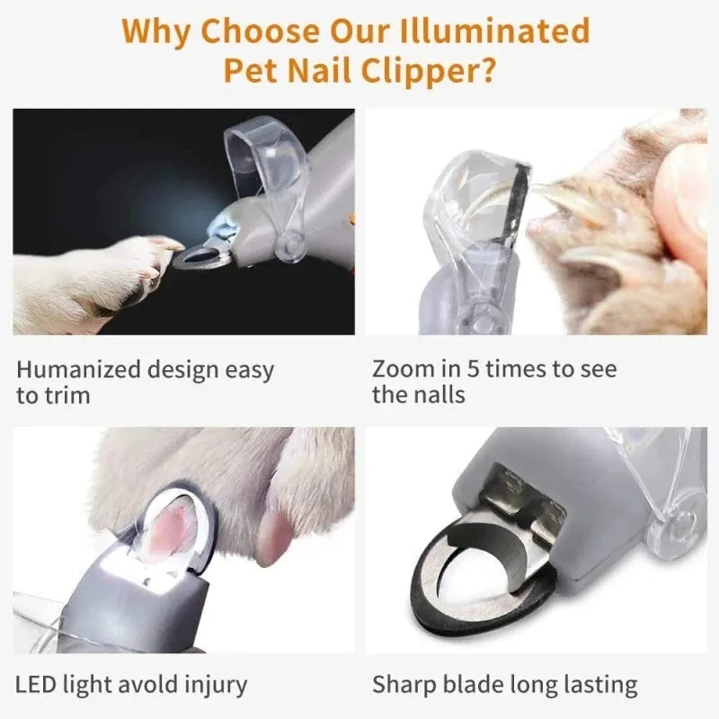 Yellow pet nail clipper with built-in LED light and magnifying window for trimming dog or cat nails.