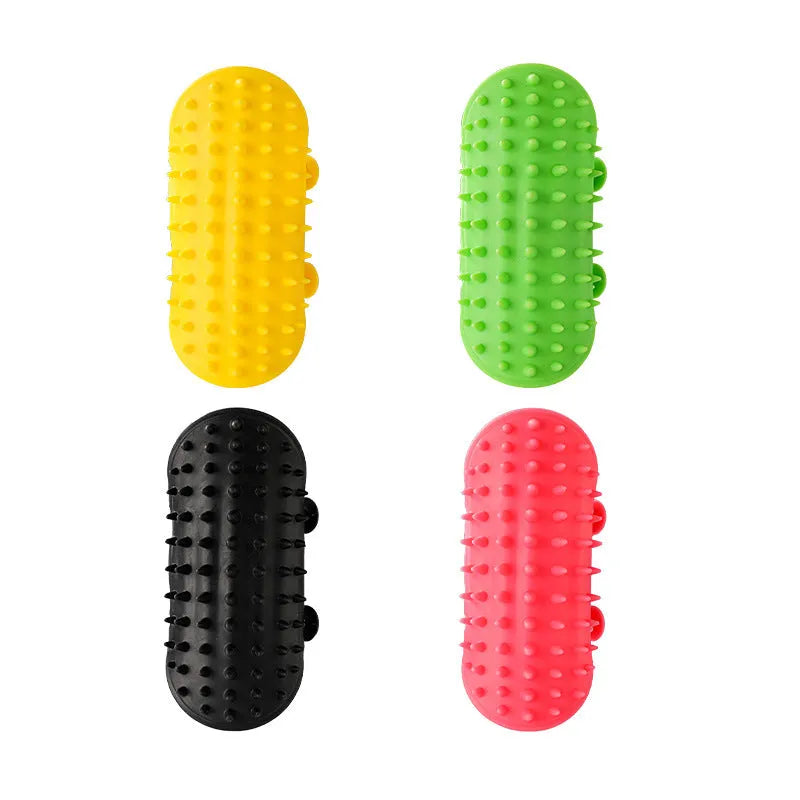 Silicone cat grooming comb with adjustable strap mounted on table leg
