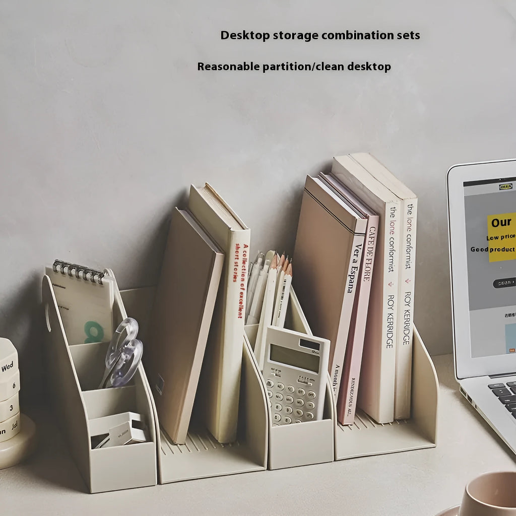 Desktop storage box with shelf and grid compartments for stationery organisation