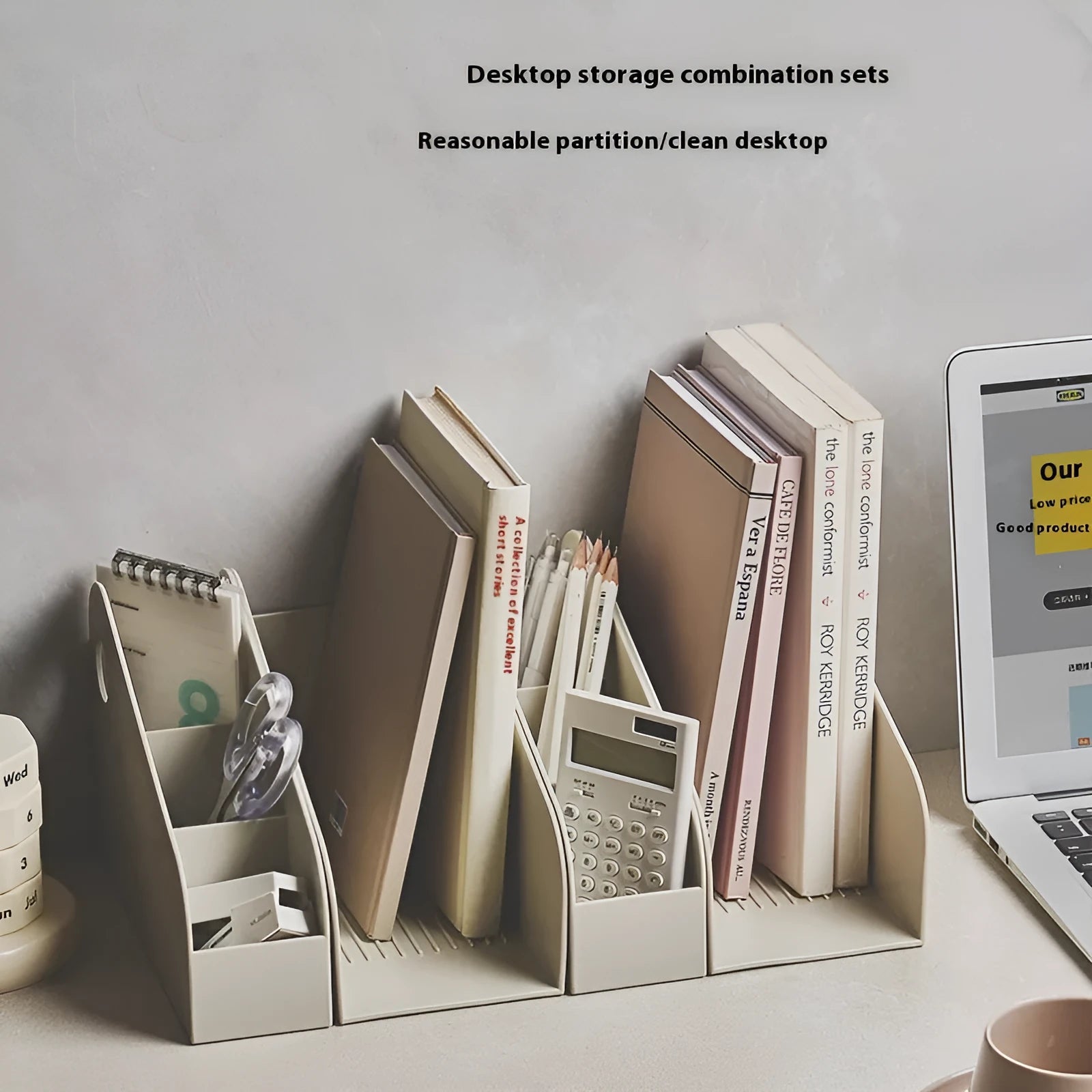 Desktop storage box with shelf and grid compartments for stationery organisation