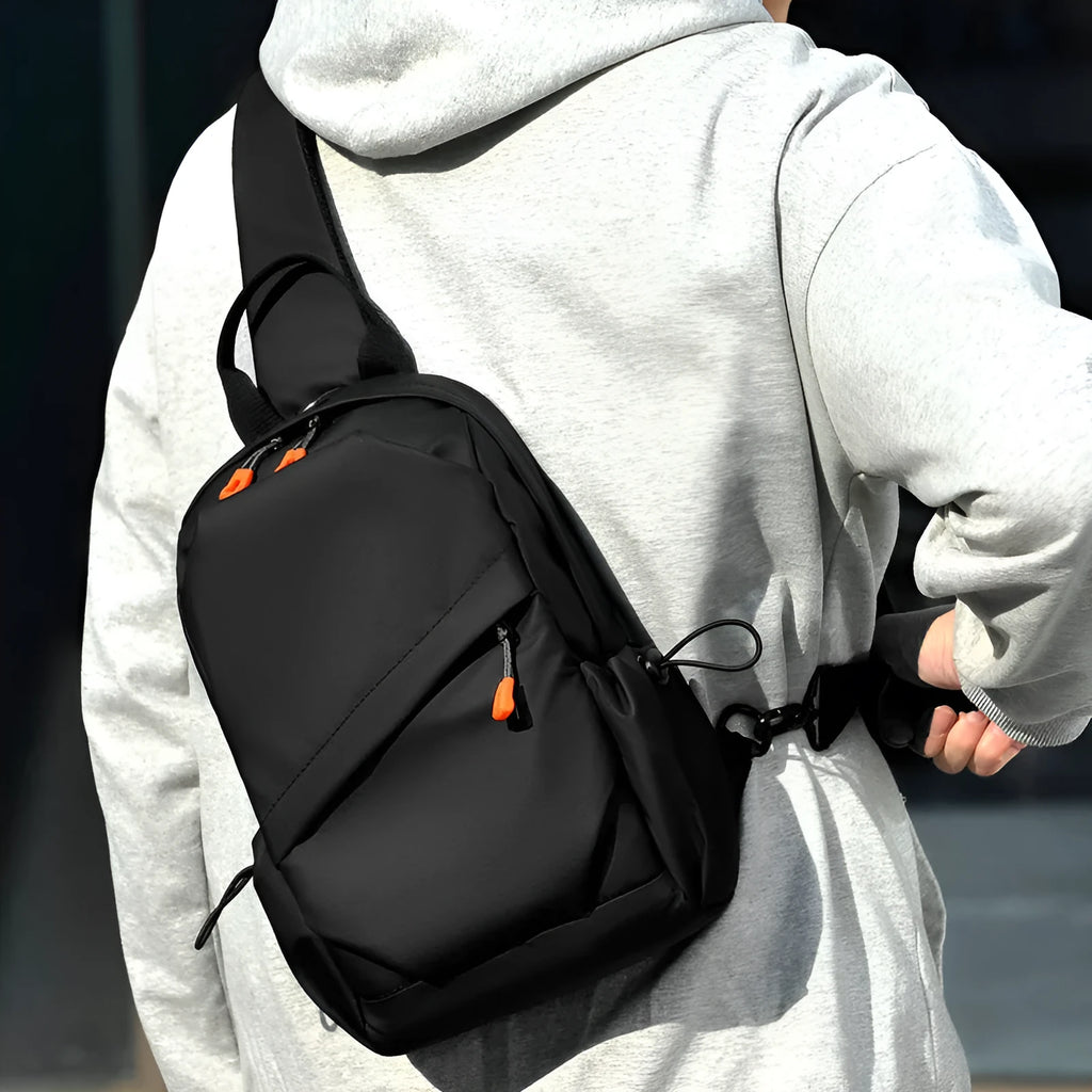 Men's casual crossbody bag in black or grey waterproof polyester with simple style design