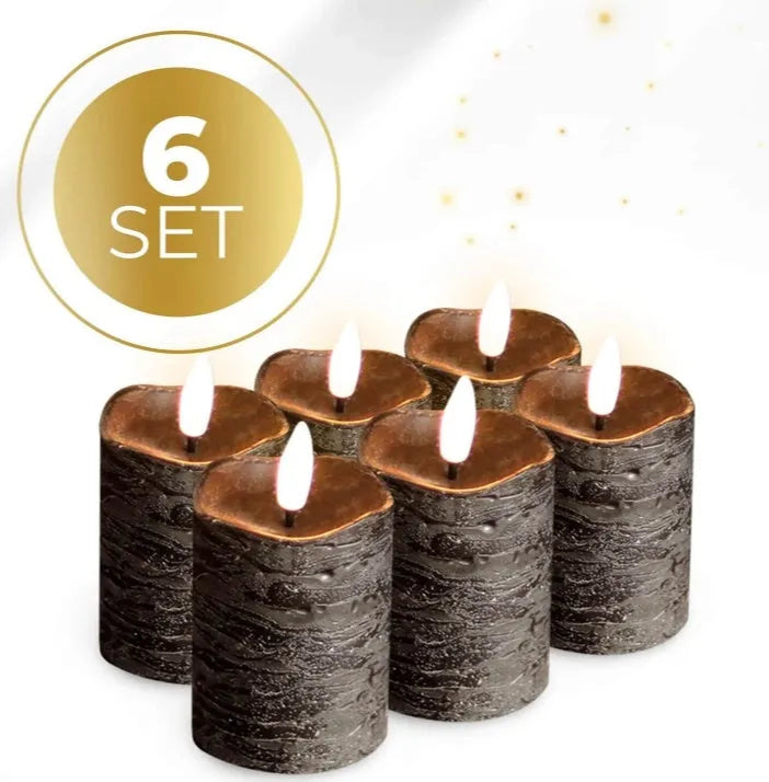 Four black S6 LED pillar candles with flickering flame effect, each 5cm diameter by 7cm tall.