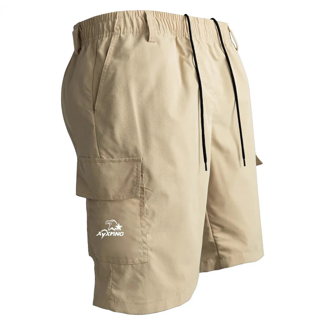 Men's straight-leg sport shorts in polyester fabric available in black, blue, green, and khaki colours