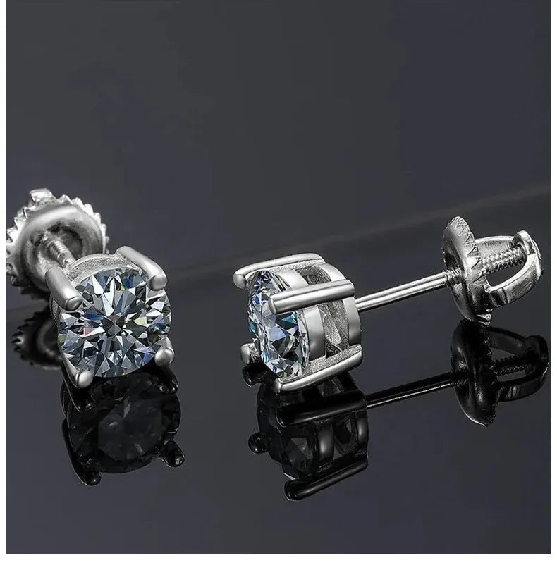 Screw-back moissanite stud earrings in sterling silver with geometric design and four-claw setting