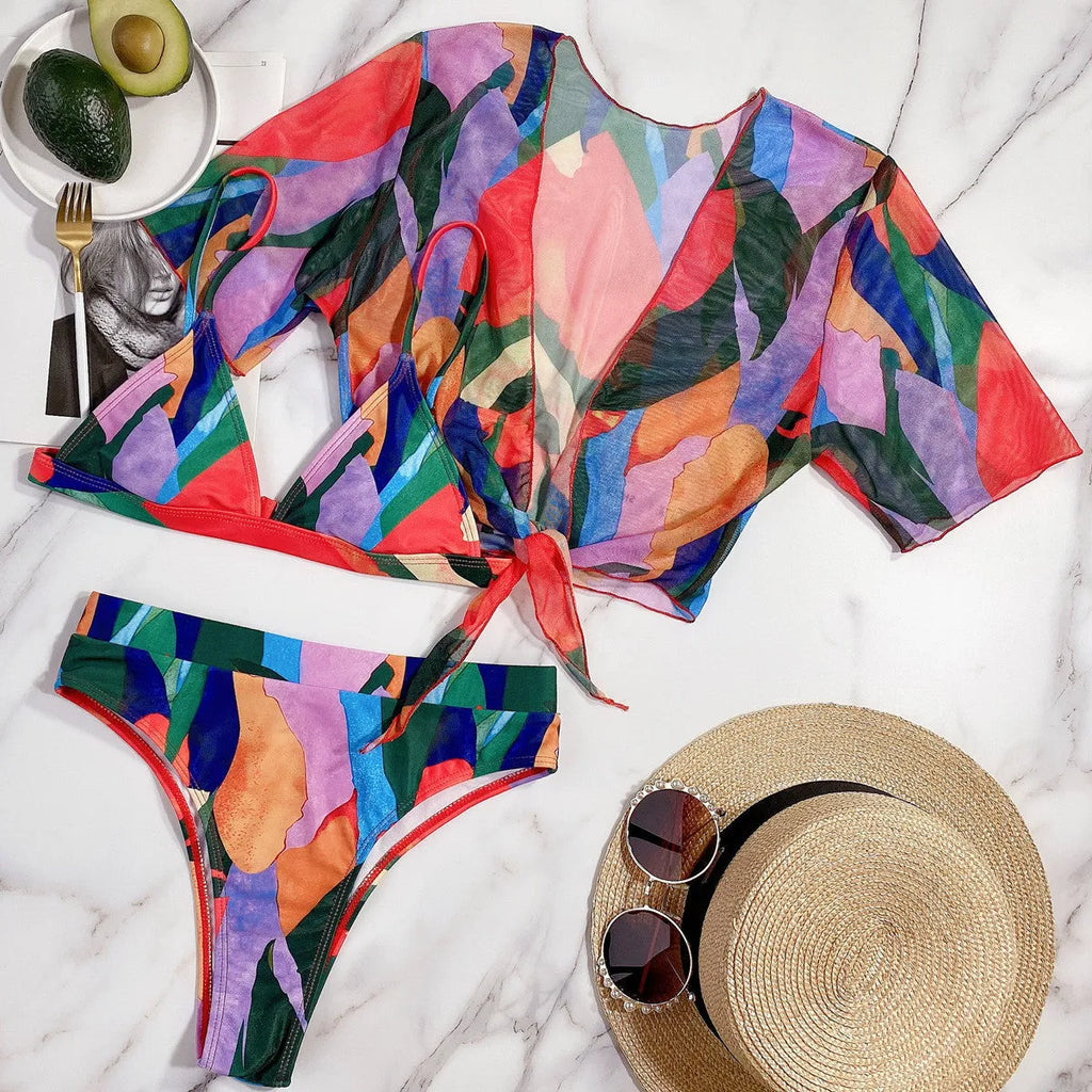 Red women's split swimsuit with skirt design and American print pattern for swimming
