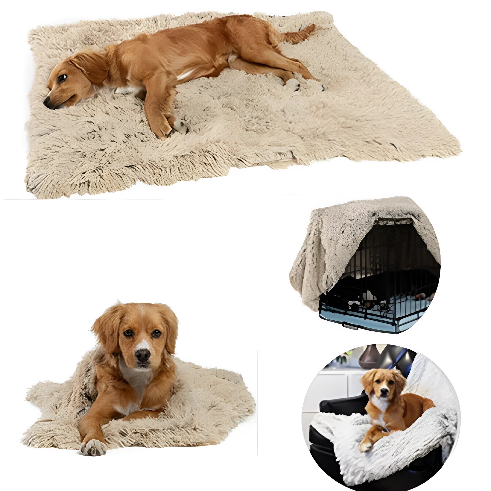 Soft long plush dog blanket in dark grey colour on a wooden floor