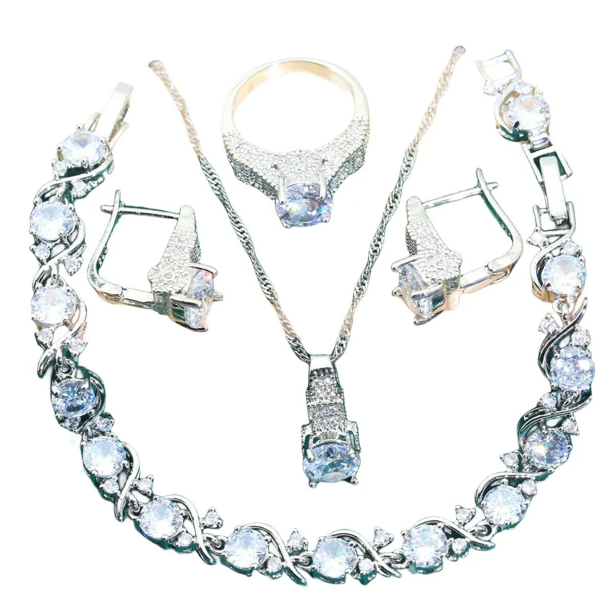 Four-piece bridal jewellery set with zircon alloy necklace, earrings, bracelet, and ring in water wave chain design