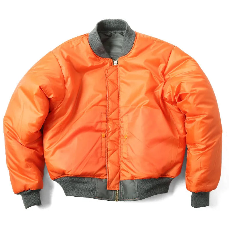 Men's loose-fit cotton-padded pilot jacket in army green, made from double-sided nylon fabric.