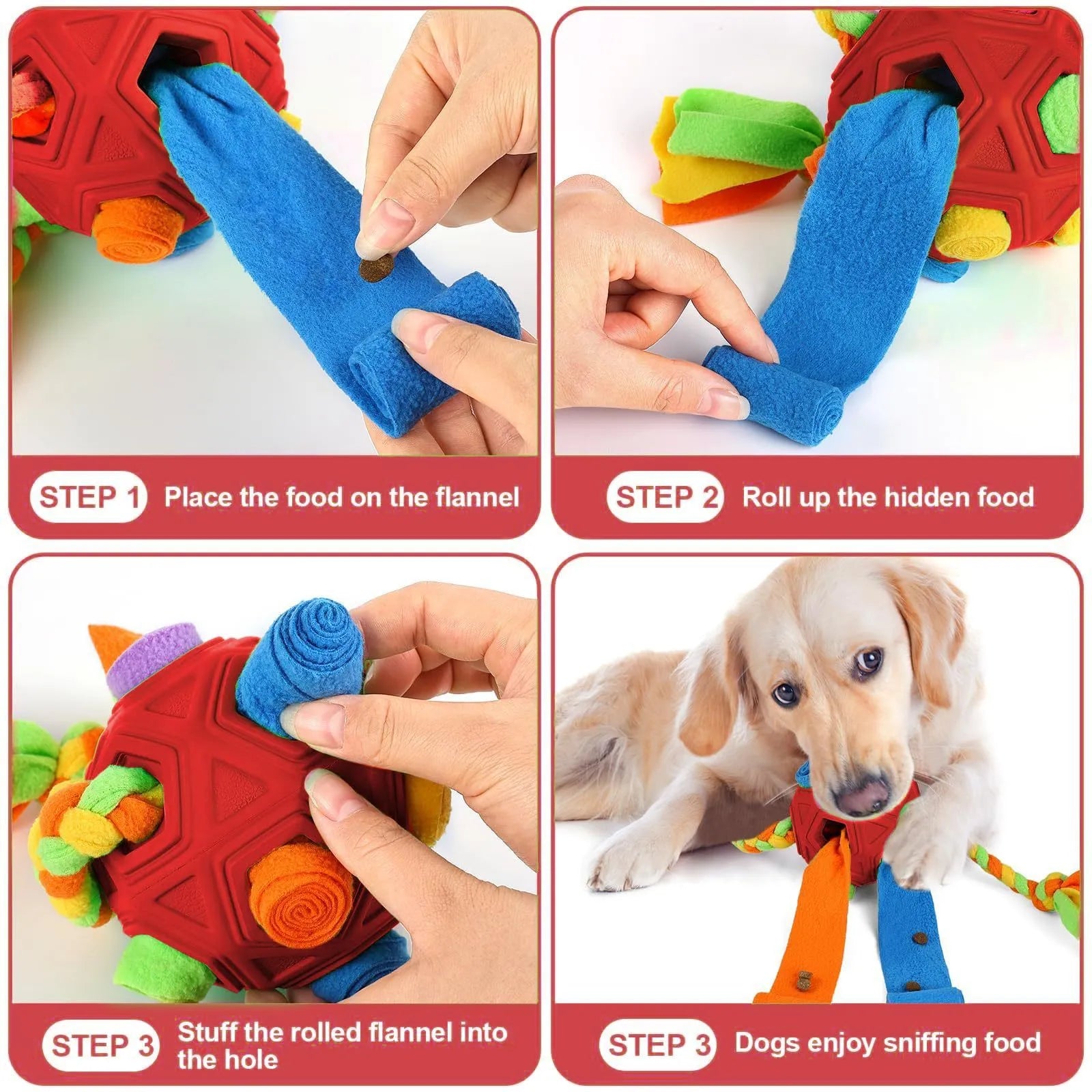 Dog puzzle ball toy with multiple openings for treat hiding, available in eight colours