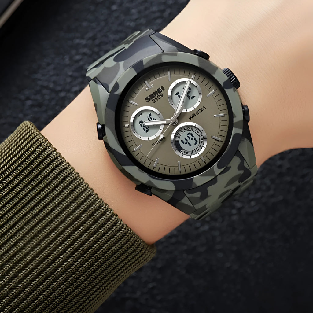 Electronic casual watch with camouflage pattern on wrist showing time display and stainless steel buttons