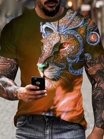 Men's black t-shirt with a large, textured 3D lion print on the front.