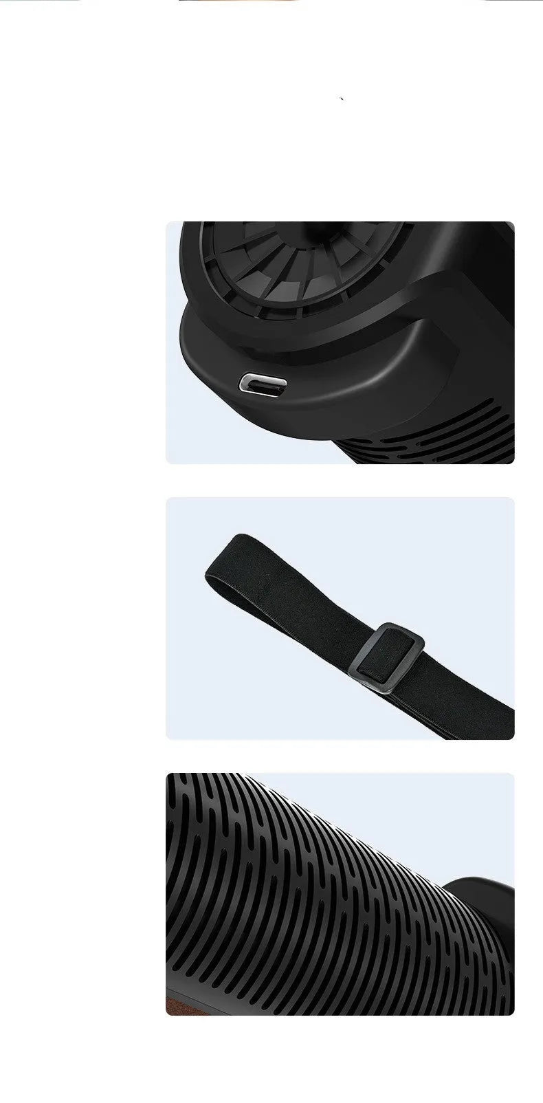 Car mounted bladeless fan with USB power cord in black, brown and red colour options showing compact dimensions