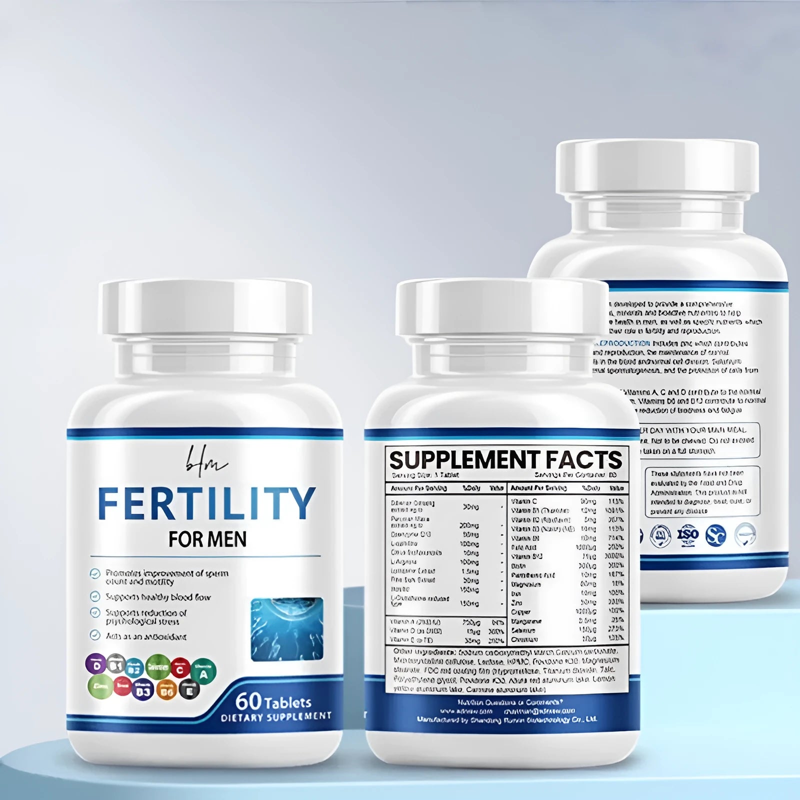 Sealed bottle of male fertility tablets containing 60 tablets with COMPLEX vitamin mineral amino acids