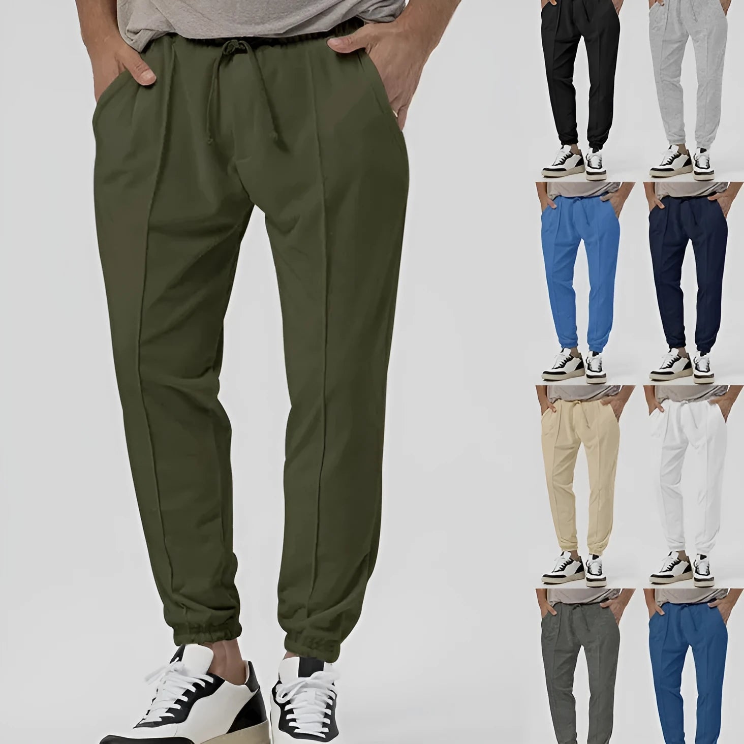 Men's grey straight-leg cotton blend sweatpants with an elasticated waistband on a white background.