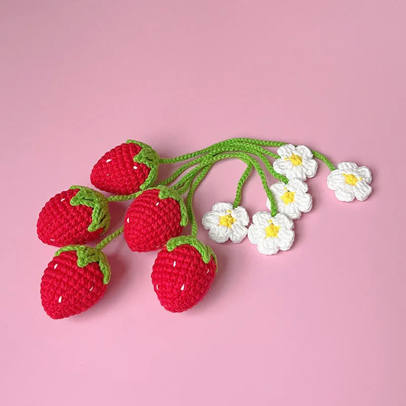 Handmade red and pink wool crochet strawberry pendant necklace on a 35cm cord