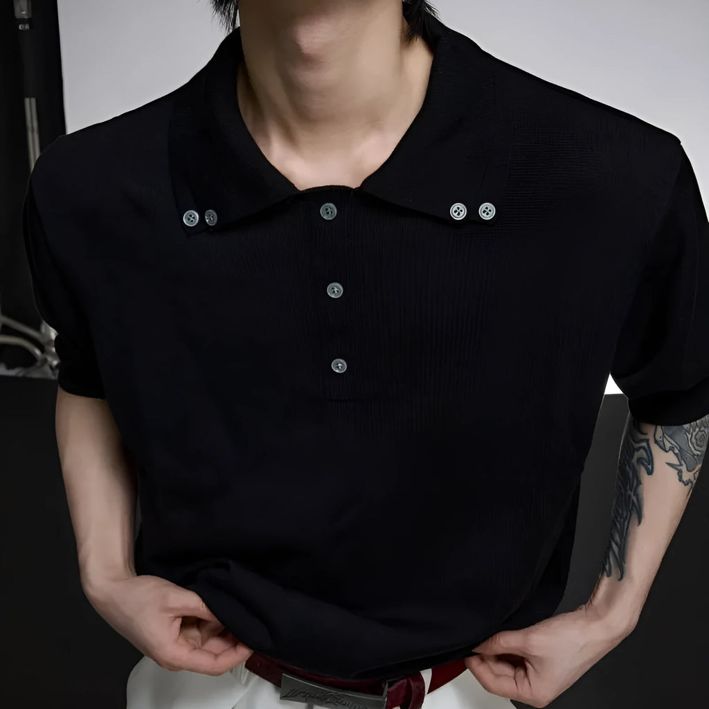 Men's double collar polyester short sleeve shirt in black with loose fit and fastener decoration