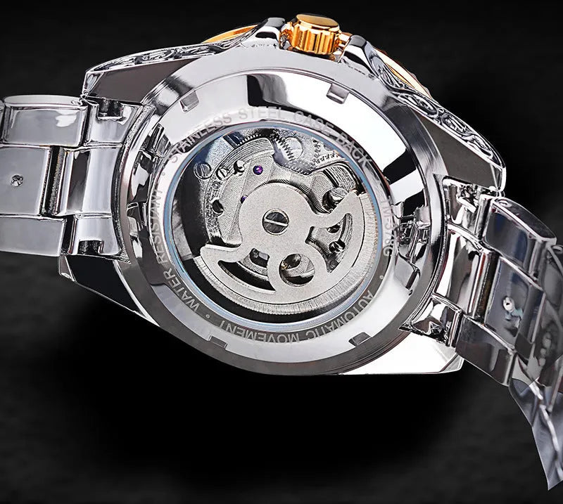 Forsining skeleton carved tourbillon mechanical watch with stainless steel case and band