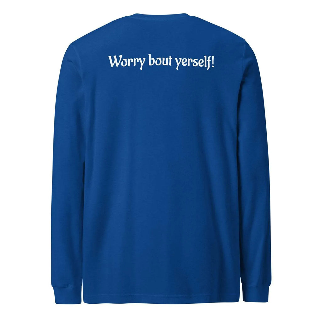 Men's blue loose fit polyester sweater with printed letter patterns and round neck