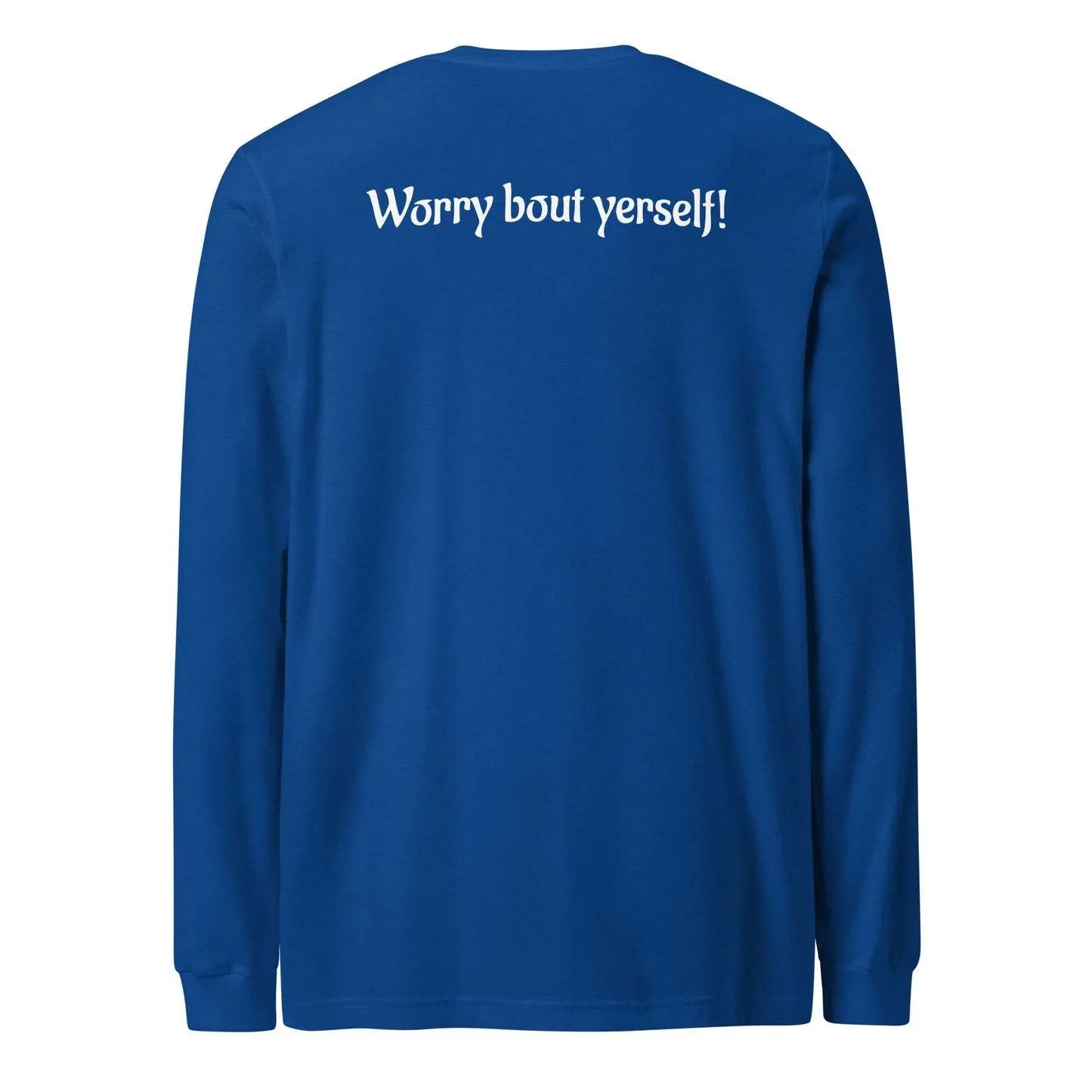 Men's blue loose fit polyester sweater with printed letter patterns and round neck