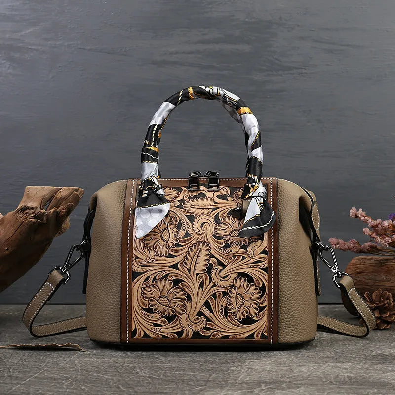 Brown leather retro-style messenger bag with horizontal square shape and front pocket