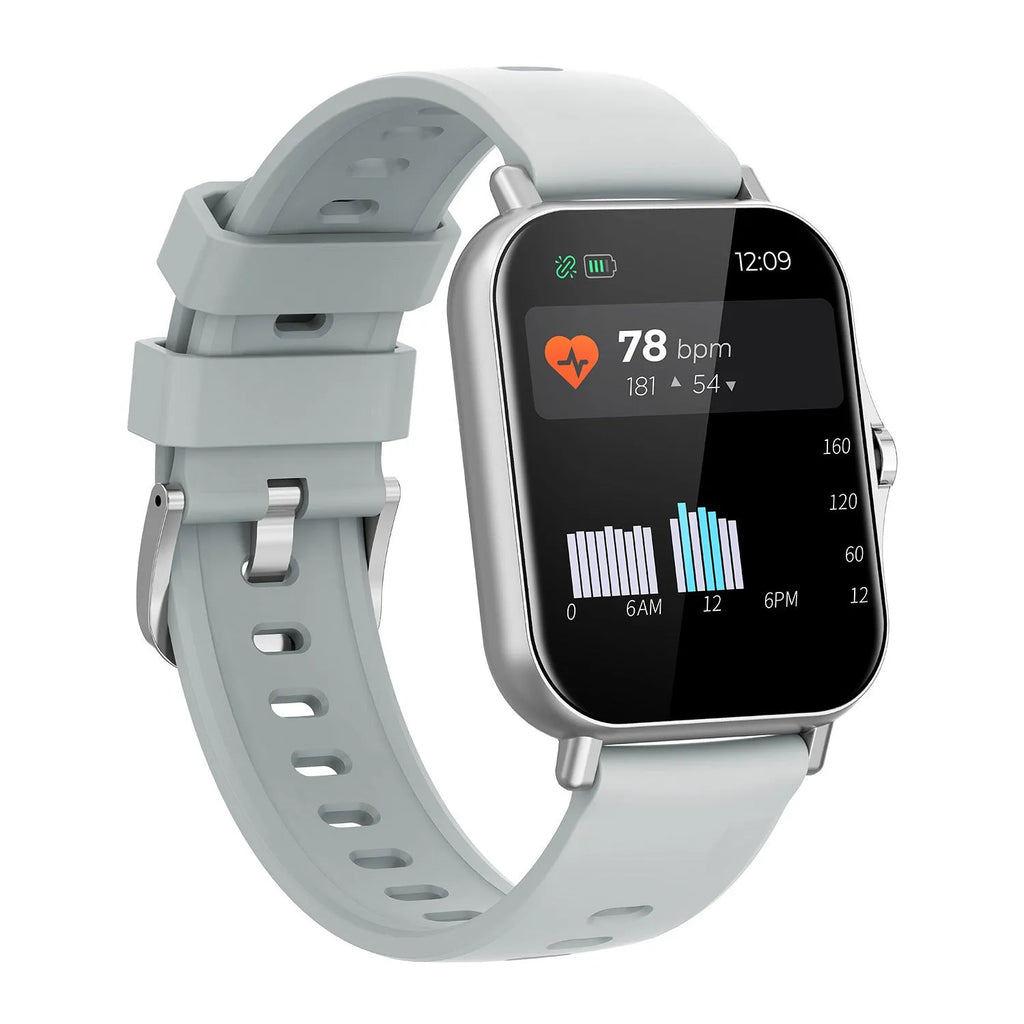W10 Bluetooth smart watch showing heart rate monitoring on its 1.75-inch curved touch screen