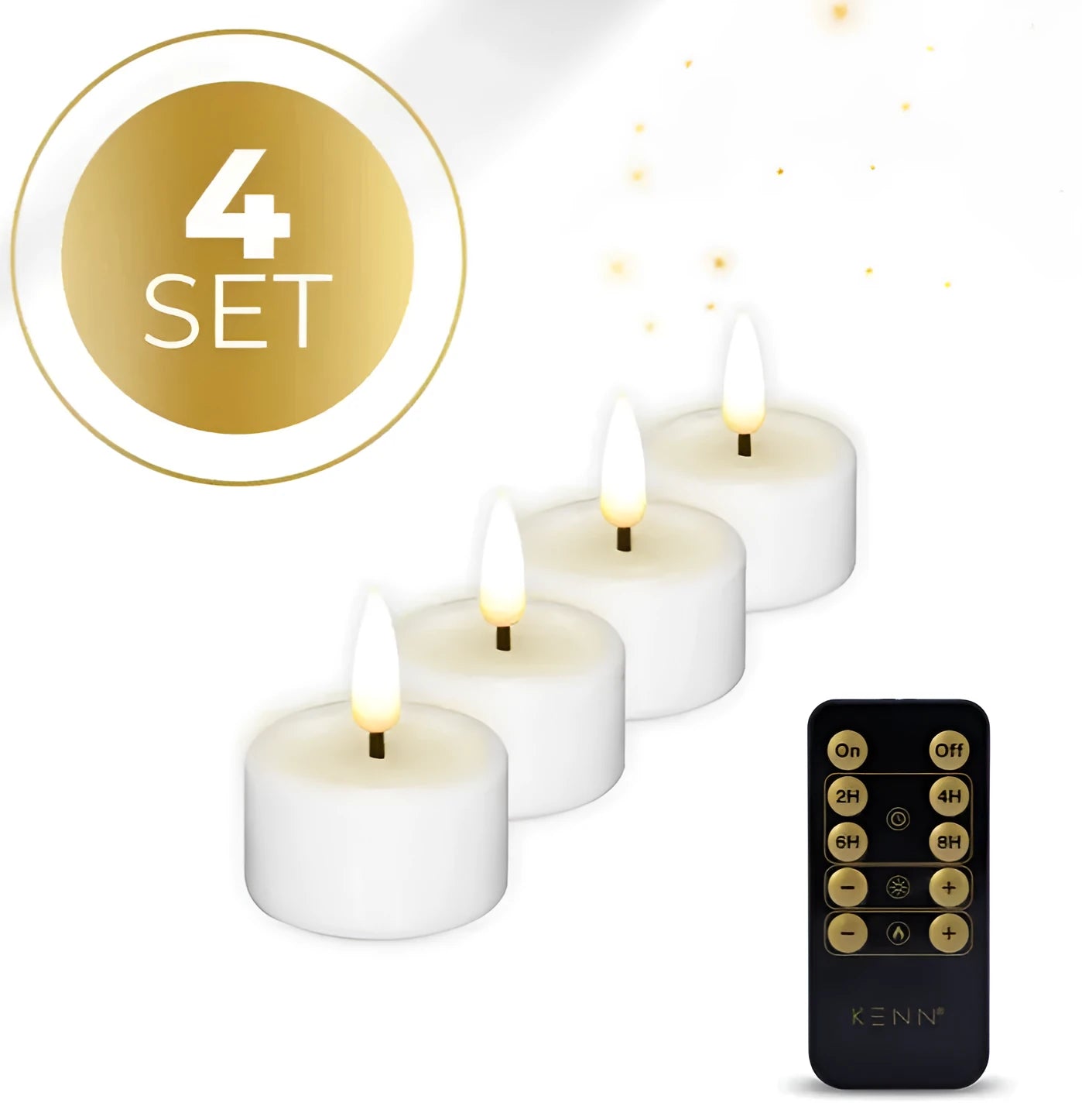 Four white S4 LED flameless tealight candles with flickering flame effect.