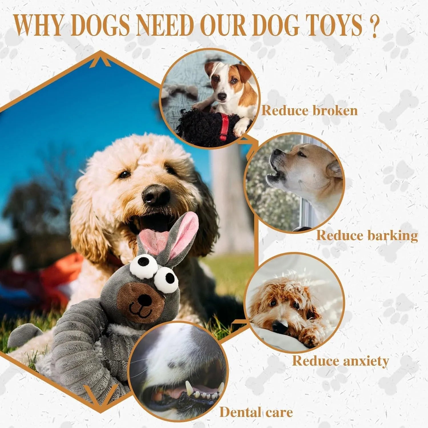 Plush dog toy with crinkle and squeaker sounds in brown, grey and yellow colours