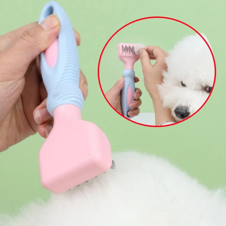 Pink stainless steel pet grooming comb with knot knife and massage function