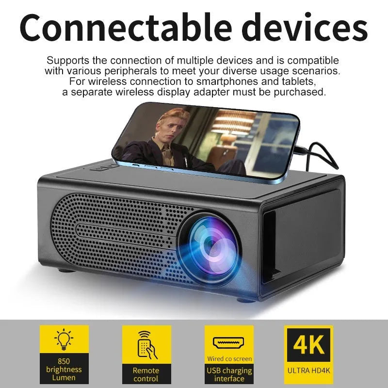 Black or white portable mini projector with wired mobile phone connectivity and 320x240 resolution