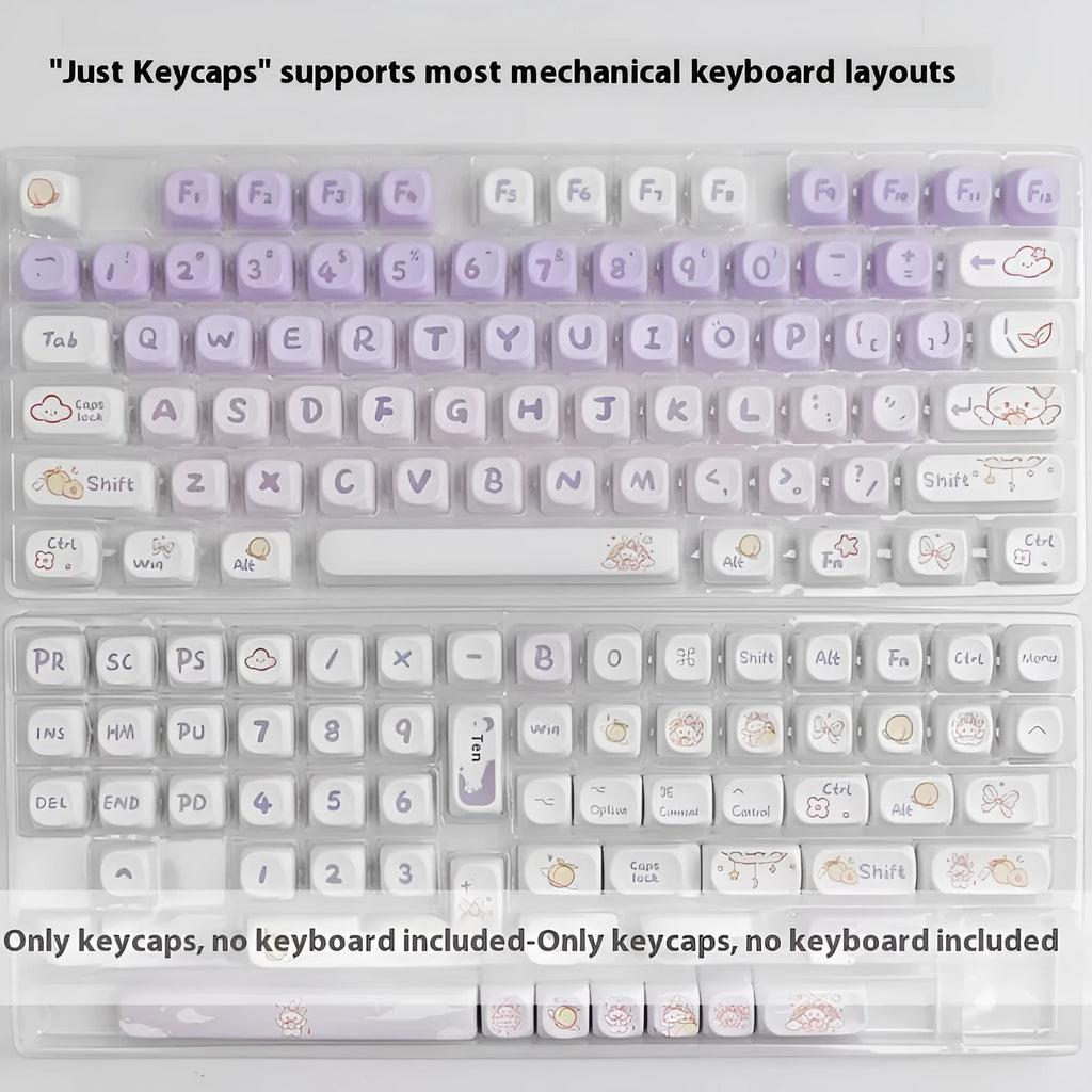 Gradient purple rabbit design PBT keycap set for mechanical keyboards on a white background.