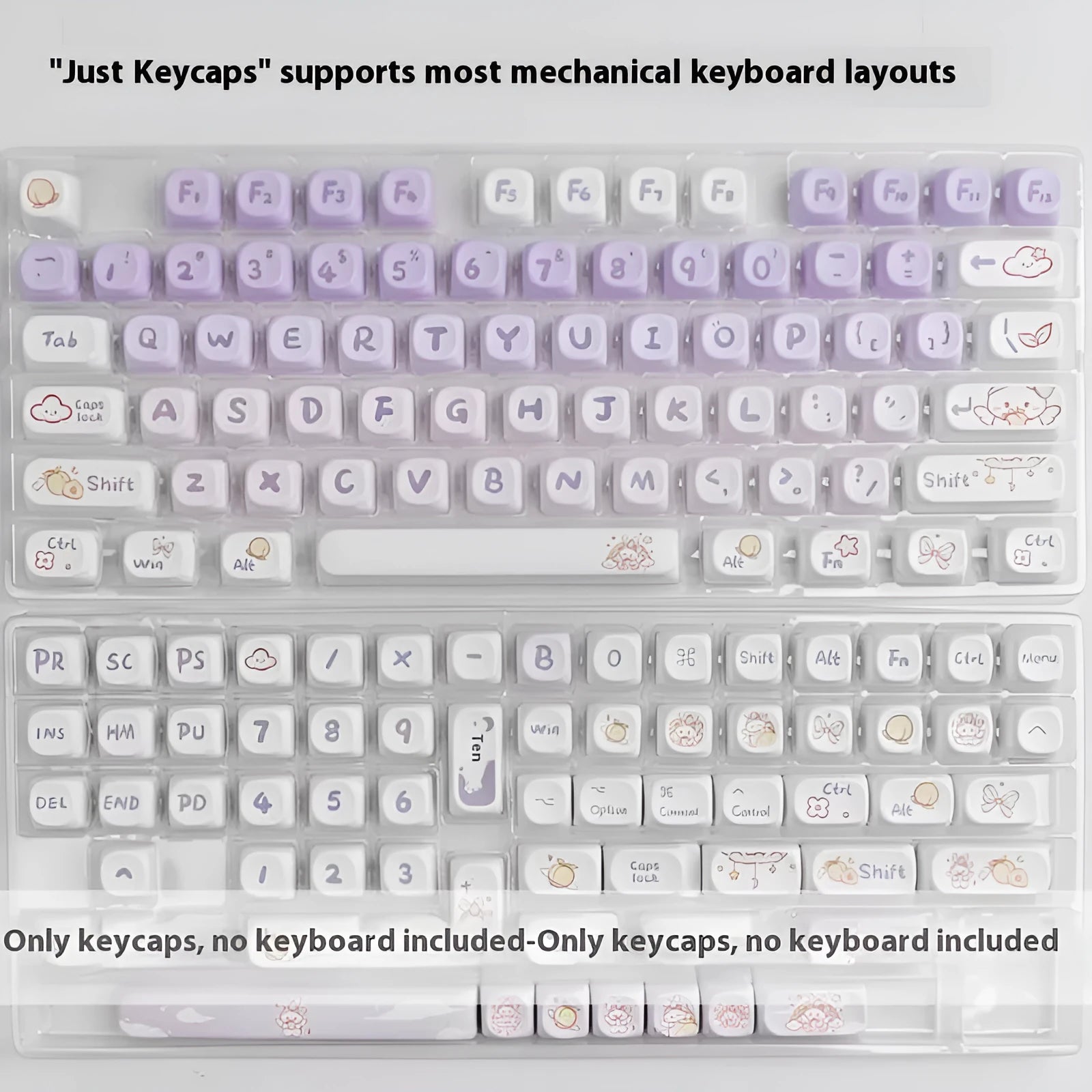Gradient purple rabbit design PBT keycap set for mechanical keyboards on a white background.