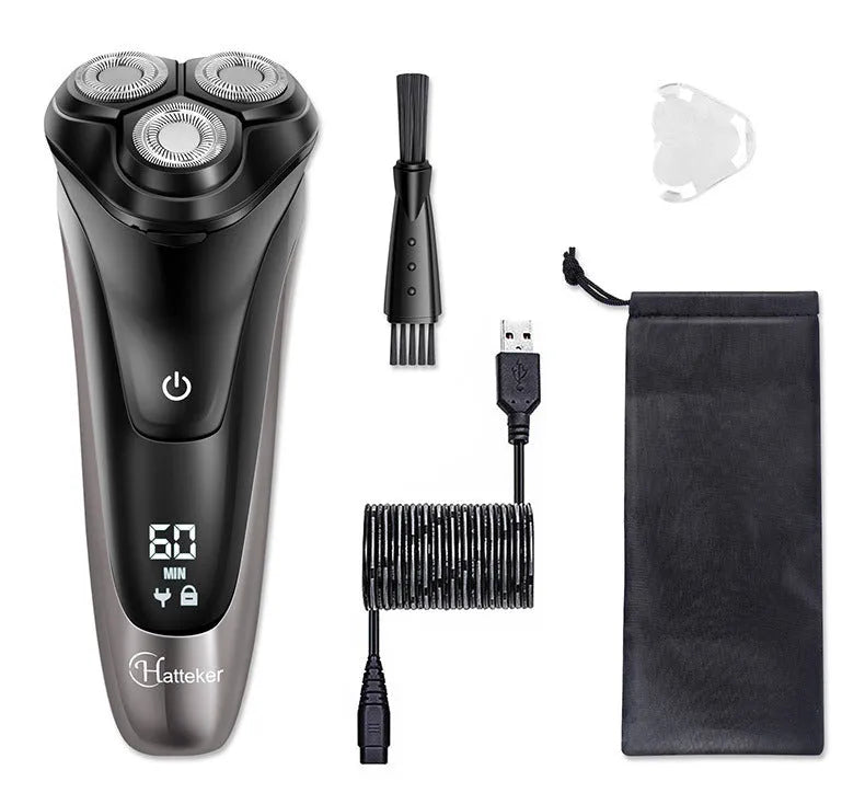 Rechargeable electric shaver for men with three floating heads and a pop-up sideburn trimmer on a stand.