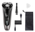 Rechargeable electric shaver for men with three floating heads and a pop-up sideburn trimmer on a stand.