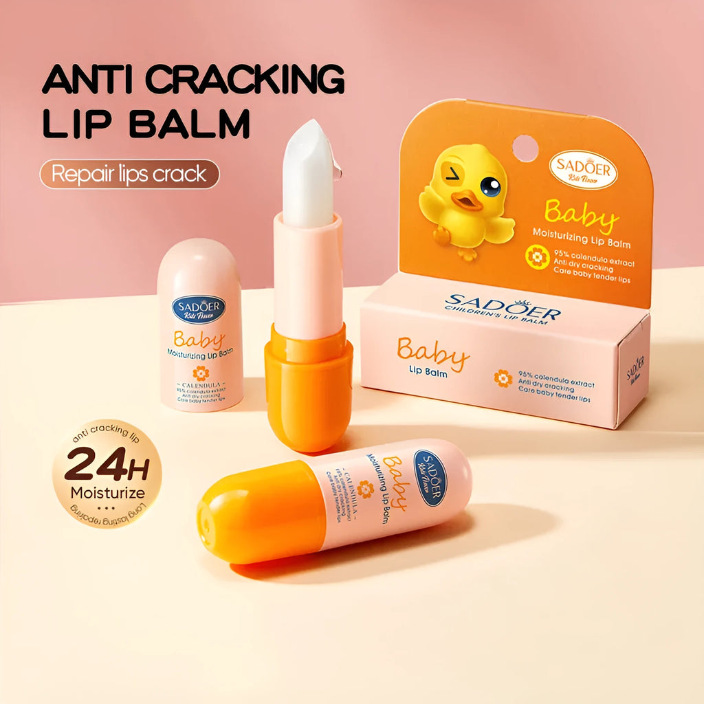 Anti-chapped lip moisturising lipstick in a tube, shown alongside text listing variants like Marigold, Hyaluronic Acid, and Watermelon.