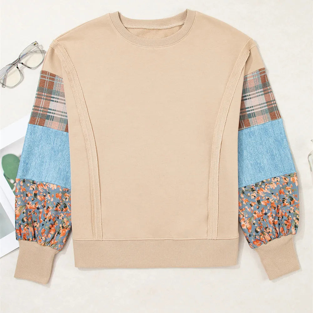 Women's plaid stitching long-sleeved top in loose Japanese Korean casual style, apricot colour option