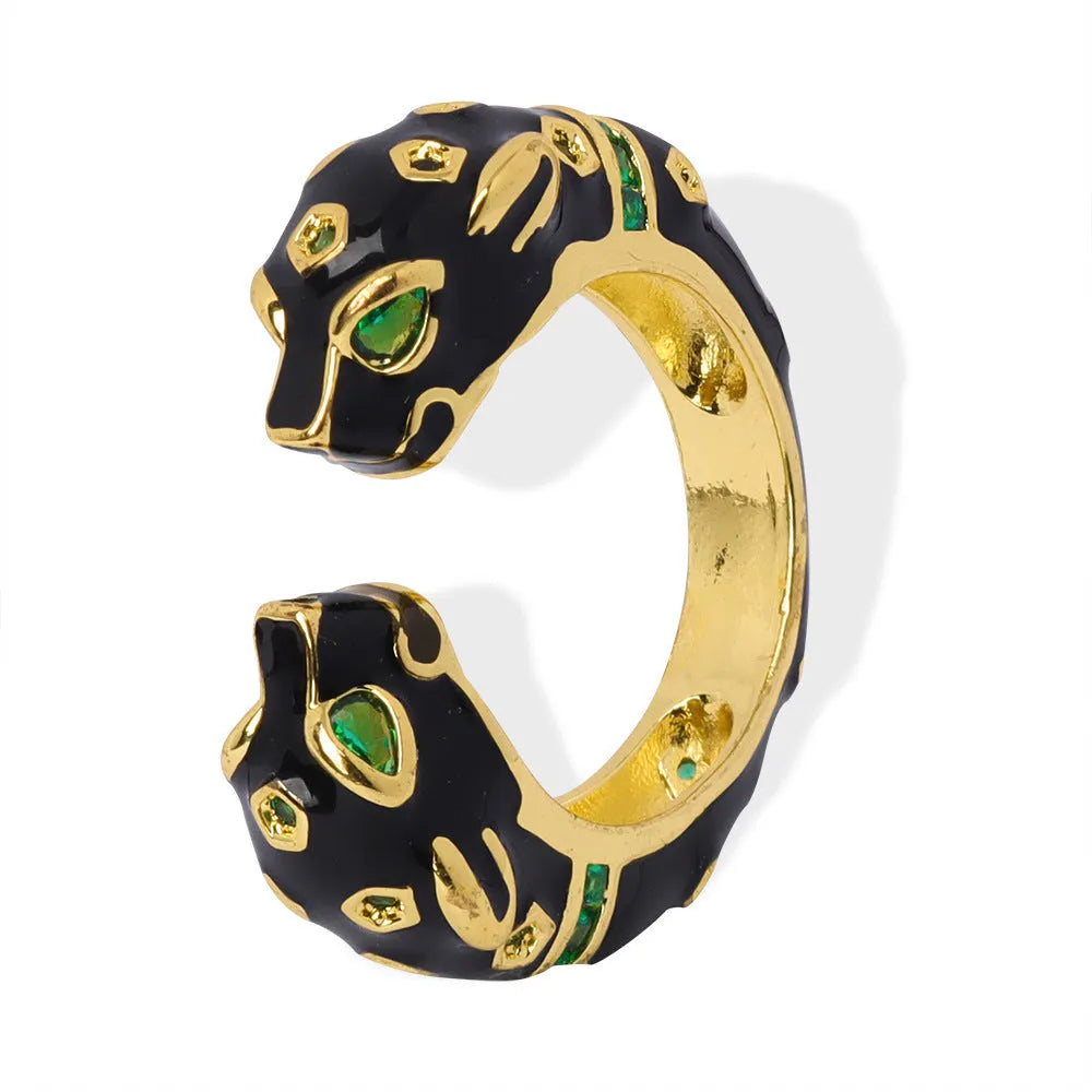 Women's black cheetah pattern open ring with oil drip effect on copper geometric design