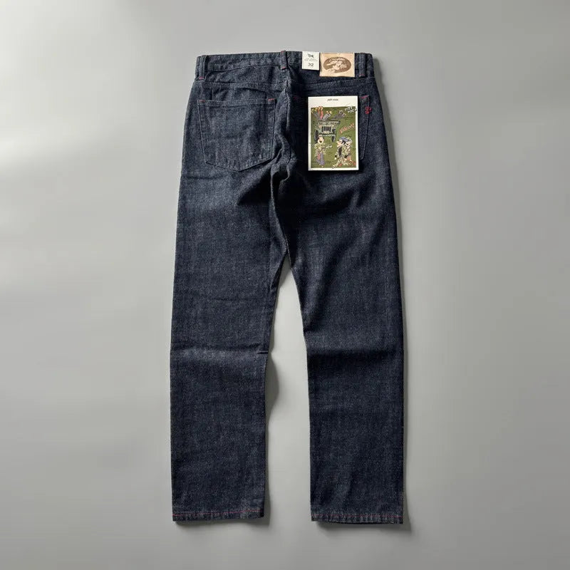 Men's primary colour straight leg denim trousers on a mid-waist fit model.