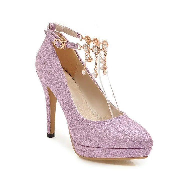 Women's solid-colour platform high heels with stiletto heel and pointed toe in blue, pink, gold, or silver