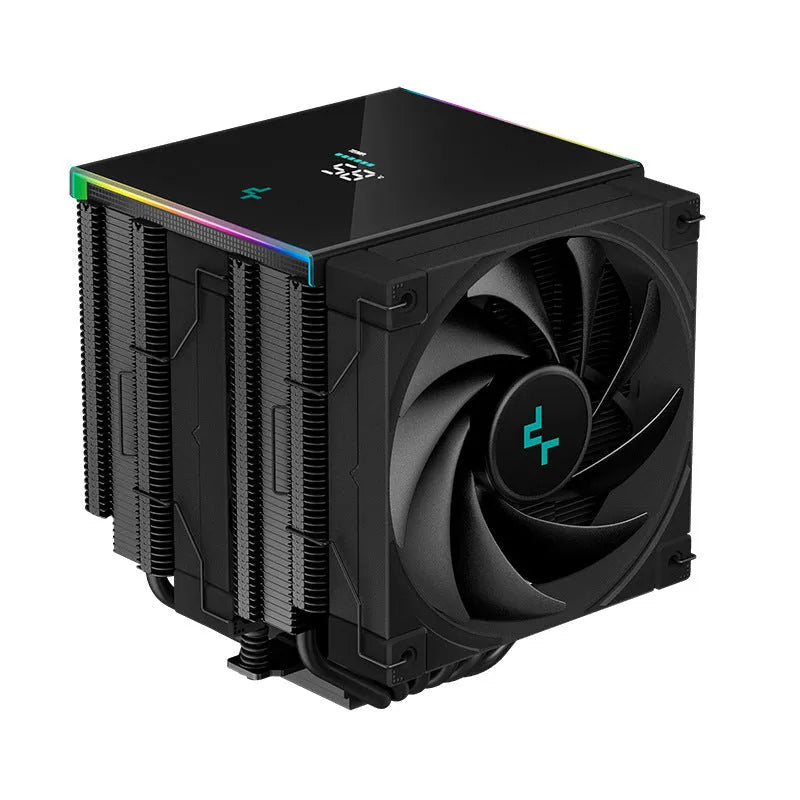Black twin tower CPU air cooler heatsink with digital display and copper aluminium construction