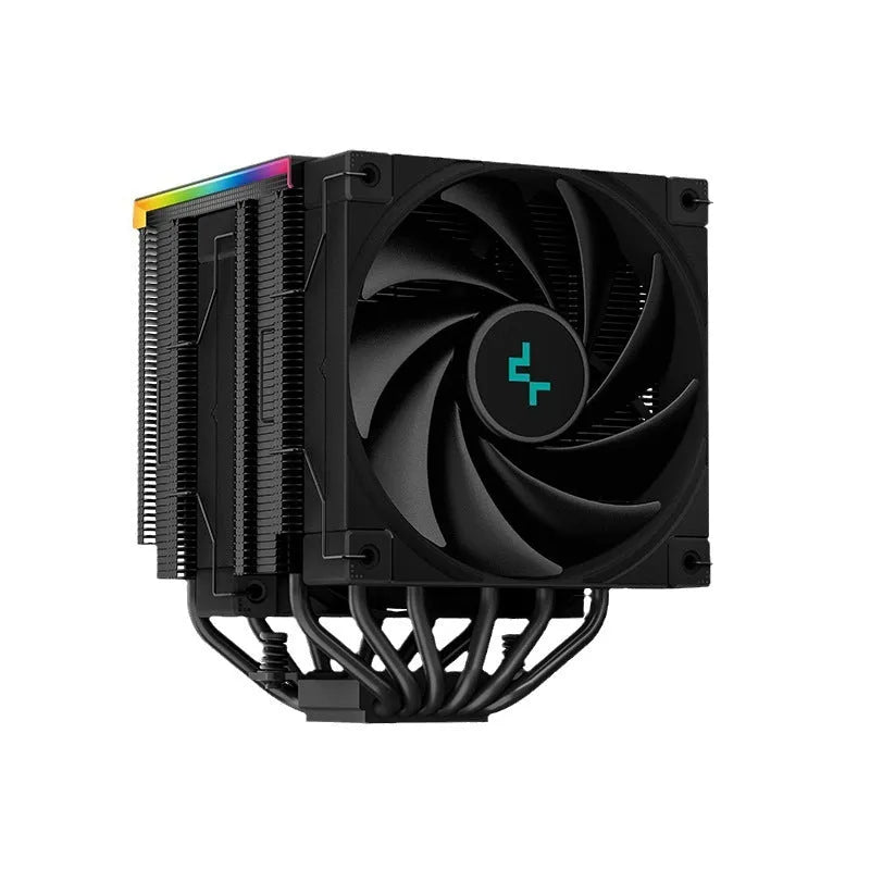 Black twin tower CPU air cooler heatsink with digital display and copper aluminium construction