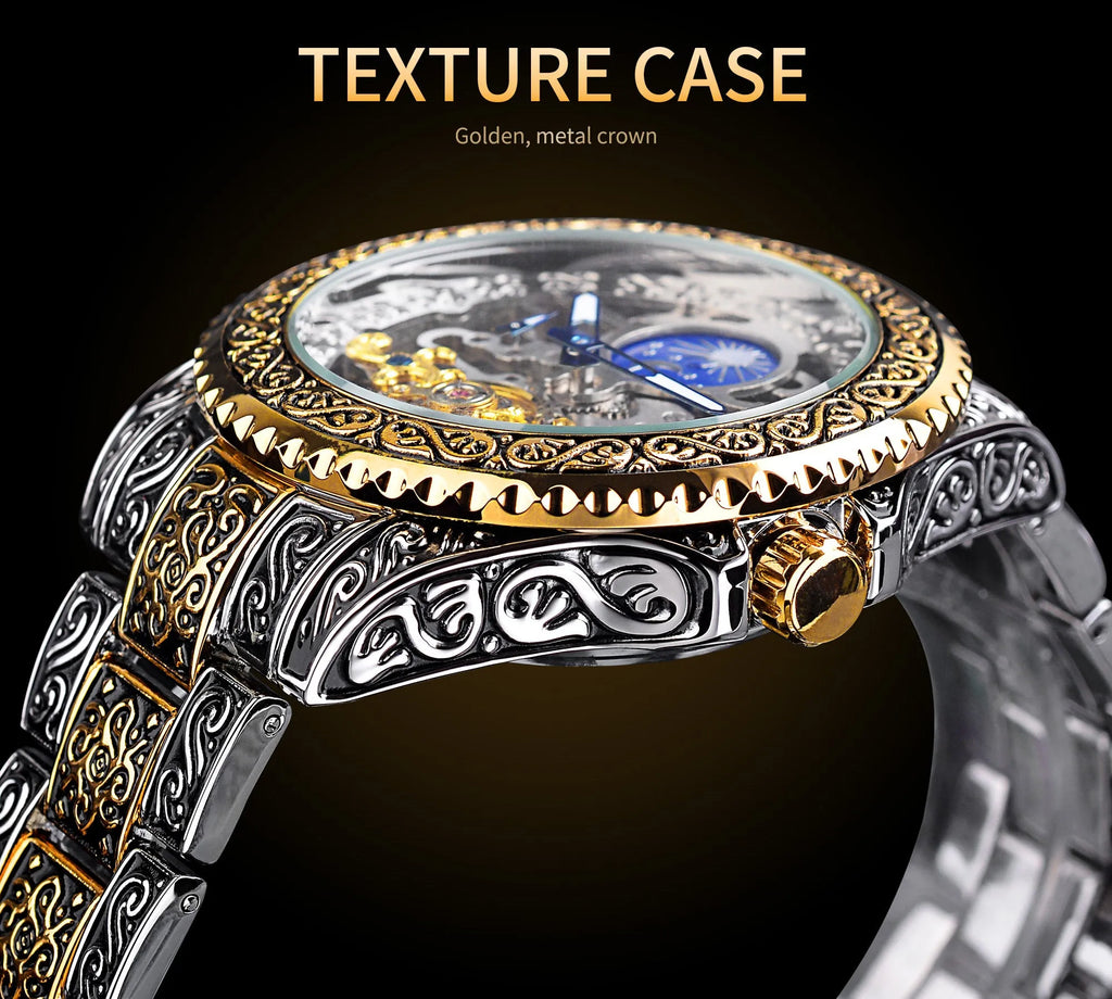 Forsining skeleton carved tourbillon mechanical watch with stainless steel case and band